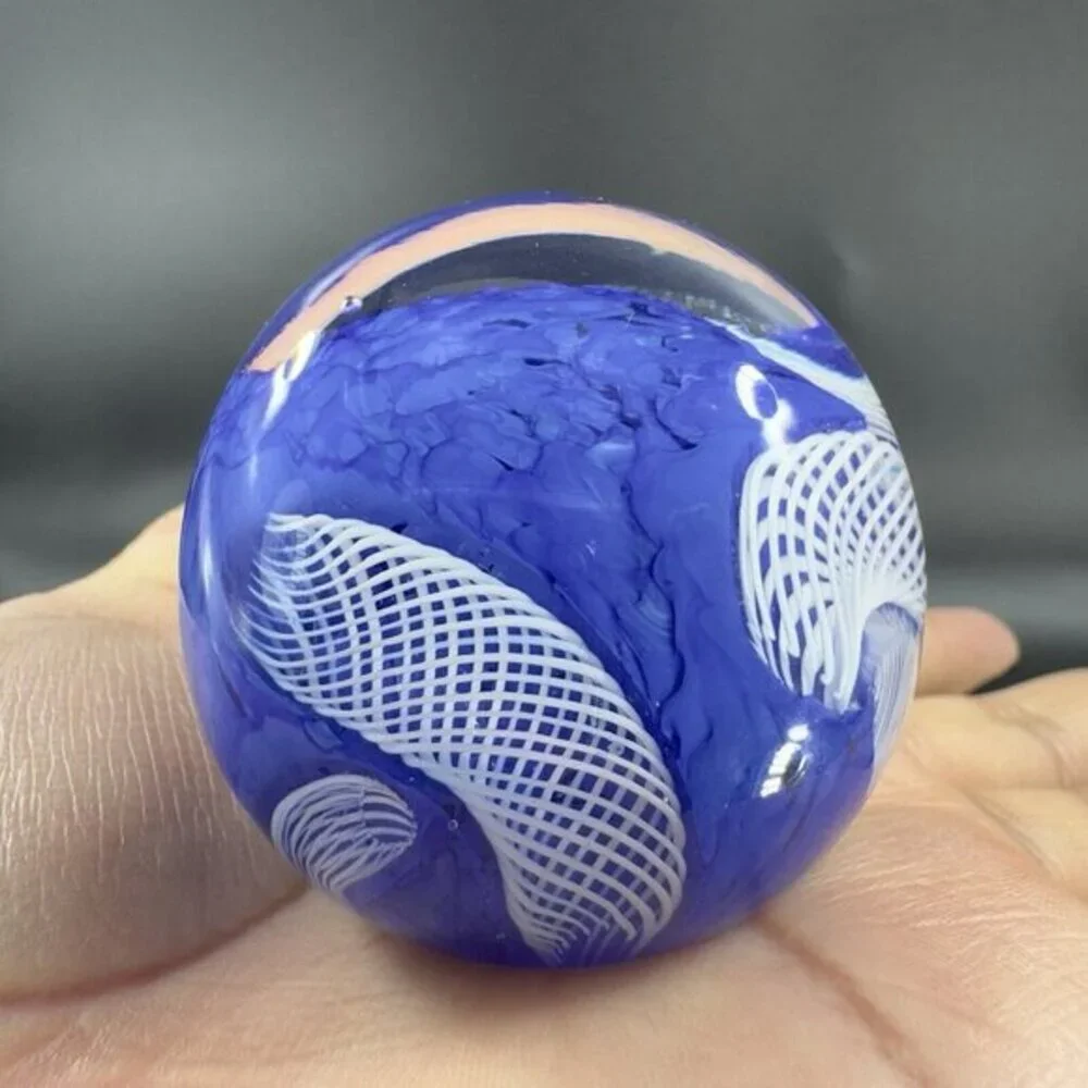 Murano Art Glass Paperweight Orb Cobalt Blue White Cane Venetian Italy Glass VTG